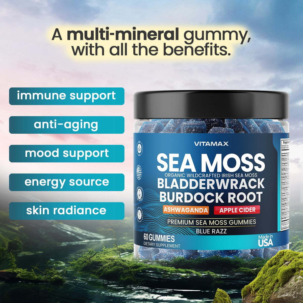 Vitamax Irish Sea Moss Gummies, Sea Moss, Bladderwrack, Ashwagandha, Burdock Root, ACV - Multi-Mineral - Non-GMO and Vegan – Made in USA – 60ct