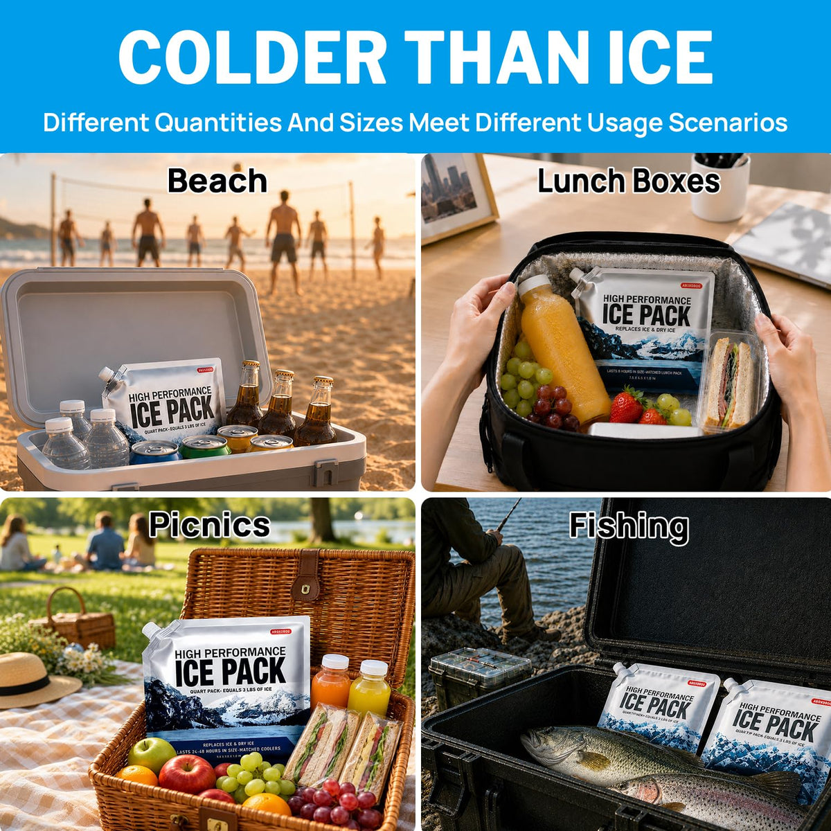 ABOXOBOG Reusable Ice Packs for Coolers Long Lasting Gel Freezer Packs for Lunch Bags Cooler Backpack Lunch Box for Camping & Picnics & Beach & Road Trips (9.8"x9.8"x5P)