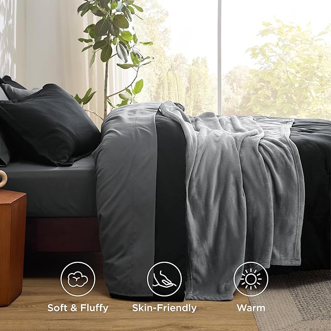 Bedsure Twin Comforter Set Black, 6 Pieces Prewashed Twin Size Bed in a Bag with Soft Fleece Bed Blanket, Down Alternative Bedding Set for All Seasons, Sheets, Pillowcase & Sham