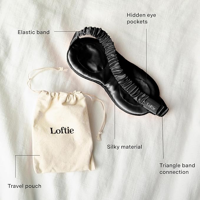 Loftie Silky Sleep Eye Mask - Light Blocking Sleep Mask - Silk Masks for Sleeping - Silky Material, Elastic Band, Low Tension Cups - for All Head Shapes and Sizes - Travel Pouch Included (Black)