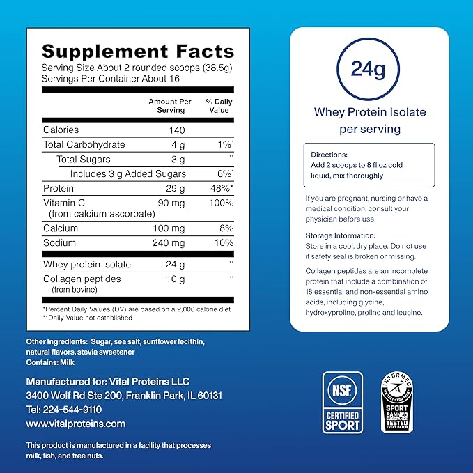 Vital Proteins Whey Protein Powder+ Collagen Peptides, 24g Protein Supporting Recovery & Joint Health, with Vitamin C, About 16 Servings - Vanilla 21.7oz