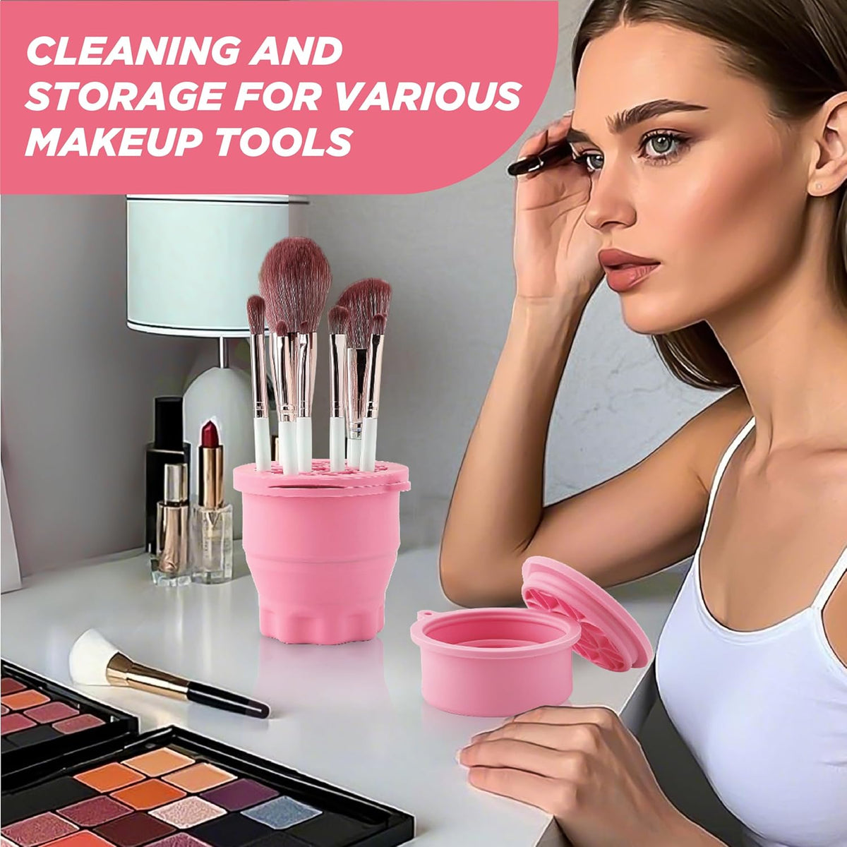 Makeup Brush Cleaner - Foldable Silicone Makeup Brush Cleaner Mat with Brush Storage Holder Makeup Brush Cleaning Bowl Cosmetic Brush Washing Tool for Cleaning Organizer and Drying (Pink)
