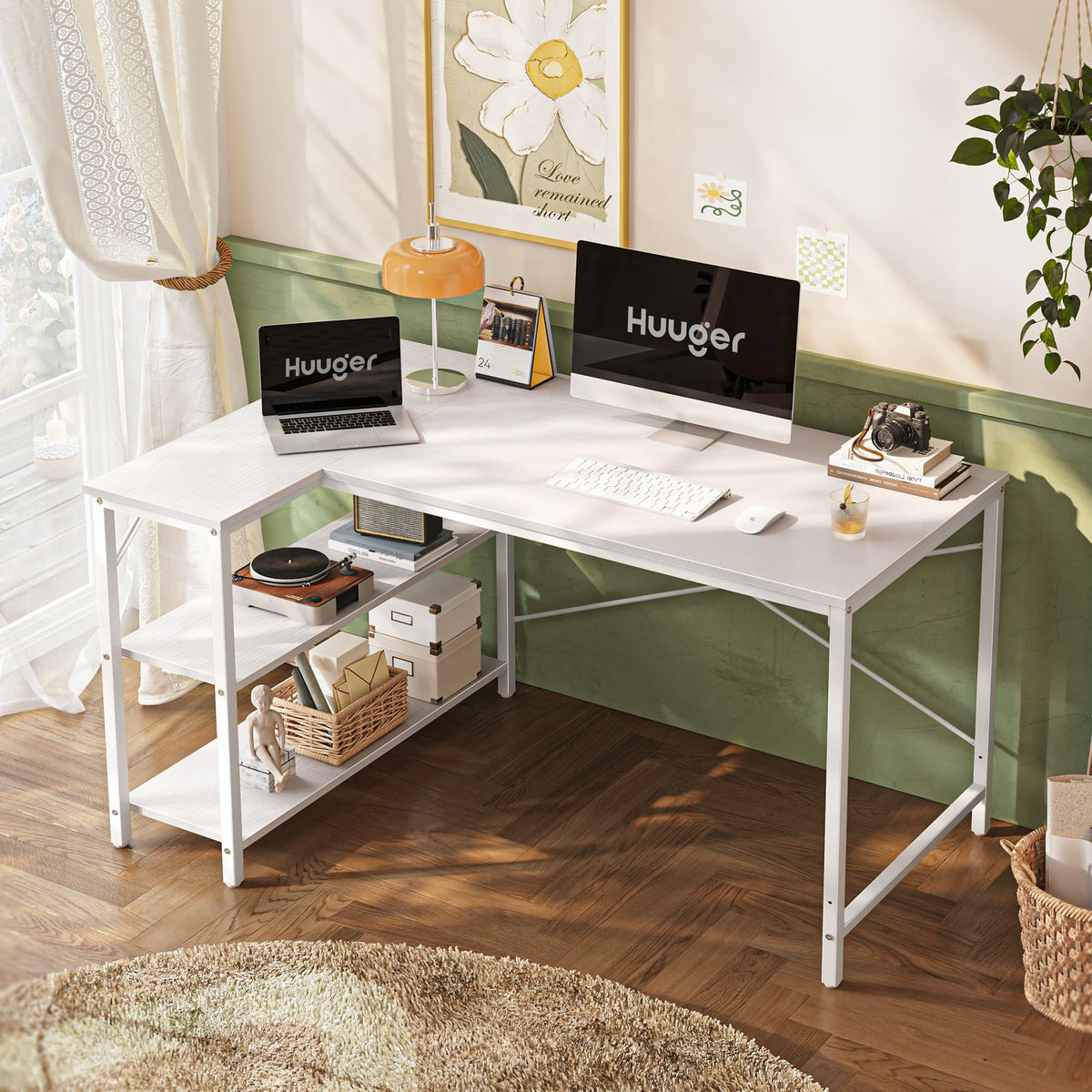 Huuger L-Shaped Desk - 47" Reversible Storage Corner Gaming Desk, Metal Frame, White