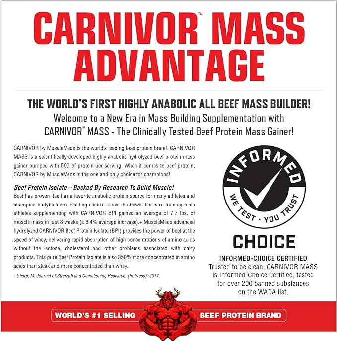 MuscleMeds CARNIVOR Mass Gainer Beef Protein Isolate Shake, 50 Grams Protein, 125 Grams Carbs, 0 Fat, 0 Sugar, Lactose Free, Halal Certified, Chocolate Peanut Butter, 6 Pound