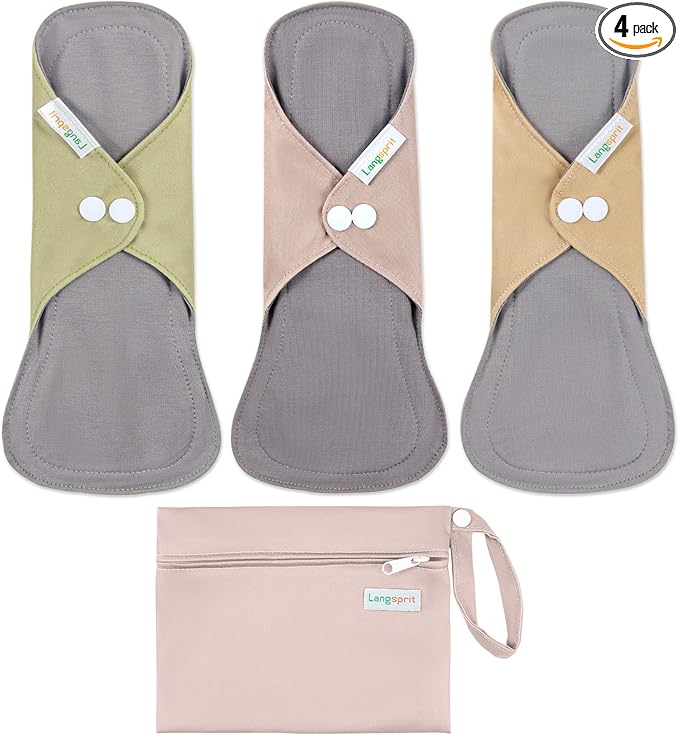 Langsprit Cotton Reusable Period Pads for Women, Washable Pads Menstrual, Regular Absorbency Cotton Cloth Menstrual Pads 3pcs Set with Mini Wet Bag, Suitable for Menstrual Period