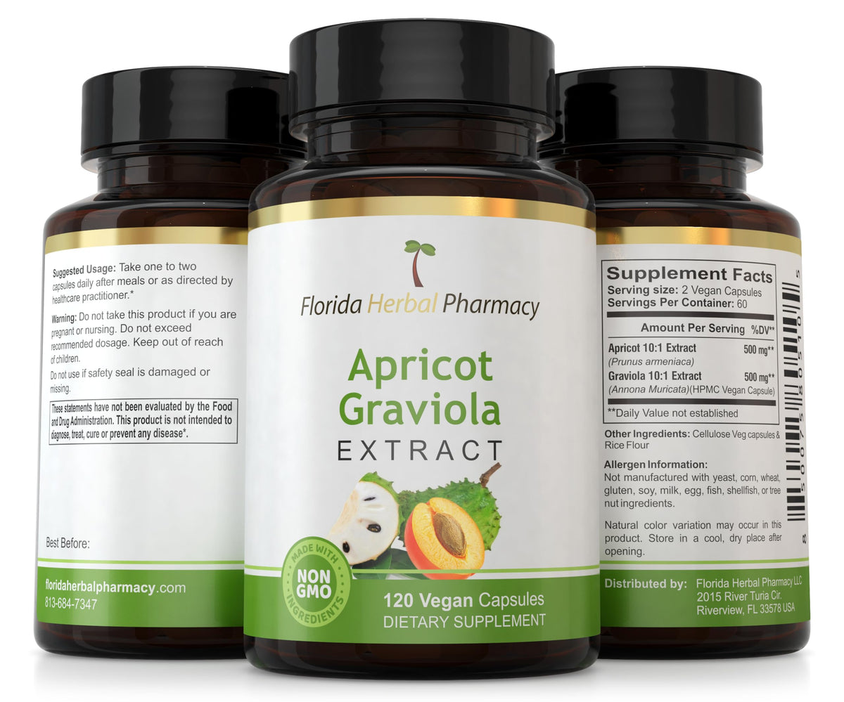 Florida Herbal Pharmacy, Apricot-Graviola Supplement Capsules 10:1 (120 Capsules), 1000 mg Serving (Pack of 1)