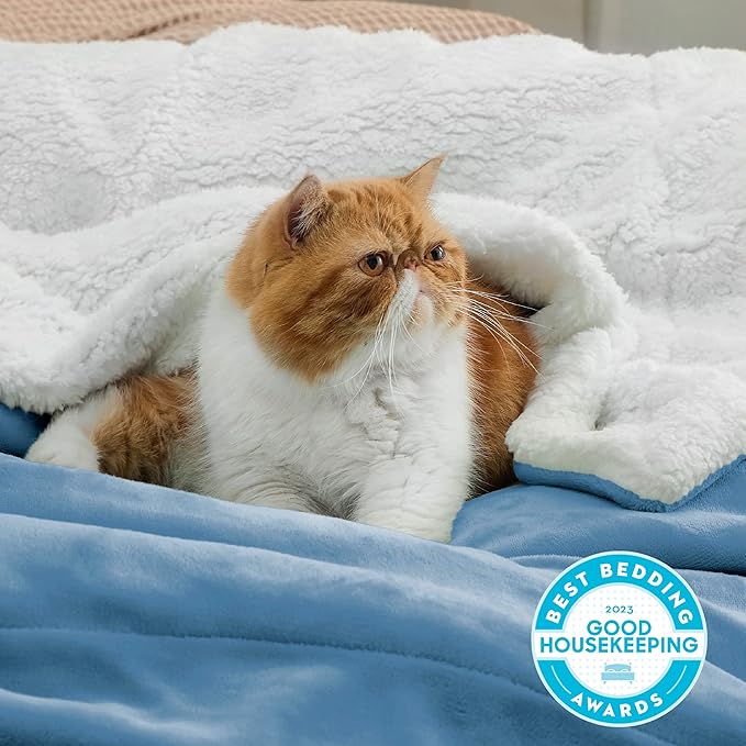 Bedsure Sherpa Fleece Throw Blanket Twin Size for Couch - Thick and Warm, Soft Fuzzy Plush Twin Blanket for Winter, Washed Blue, 60x80 Inches