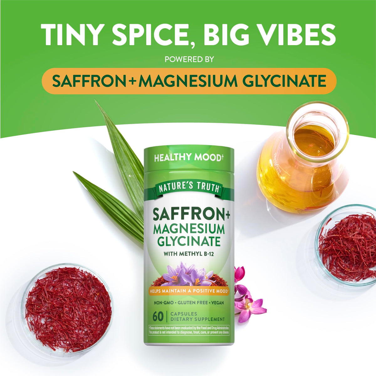 Nature's Truth Saffron Extract Capsules | with Magnesium Glycinate and Vitamin B-12 | 60 Count | Vegan, Non-GMO & Gluten Free Supplement