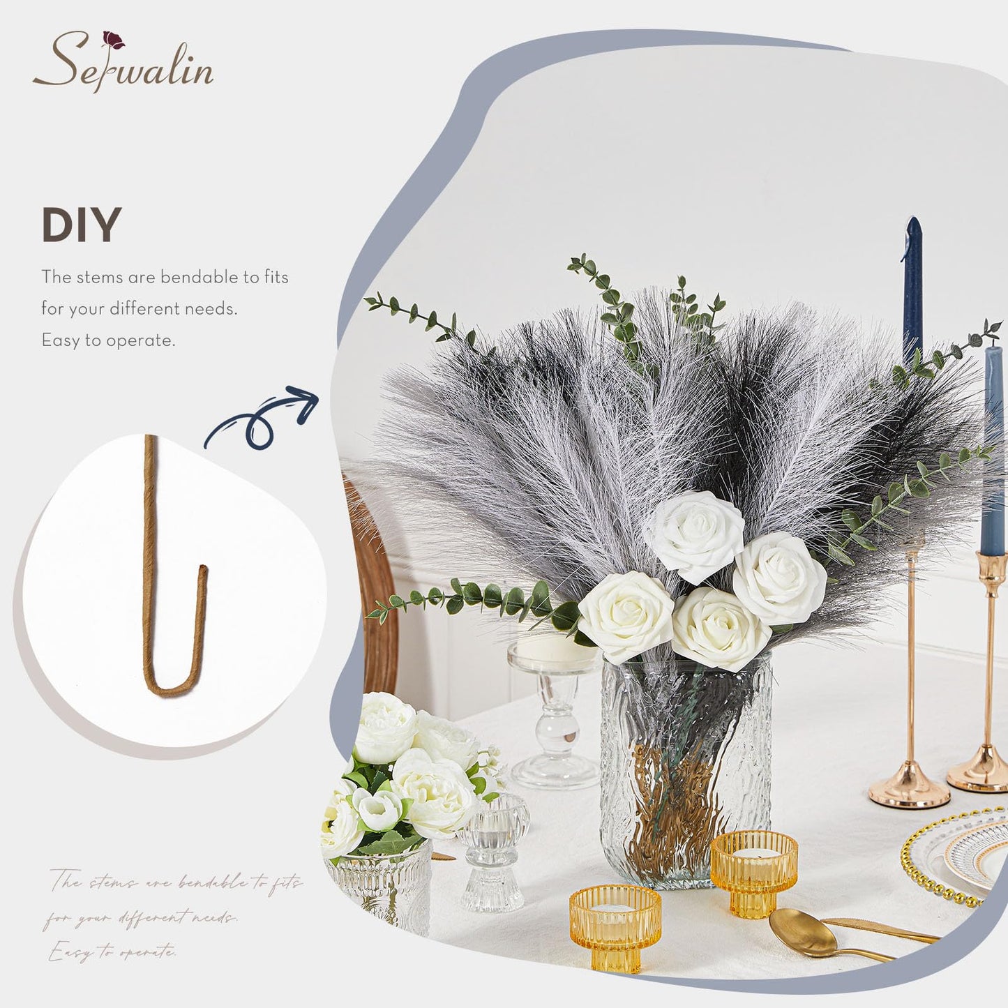 Serwalin 60Pcs Black Pampas Grass Decor, 17'' Faux Pampas Grass, Fluffy Artificial Pompous Grass Vase Filler Flower Arrangement for Living Room Decor Wedding Party Home Decor (Black＆White＆Gray)
