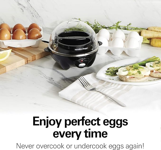 Hamilton Beach Egg Cooker 3-in-1 for Hard Boiled & Poached Eggs, Omelets & Vegetable Steamer, Holds 7, Black (25507)