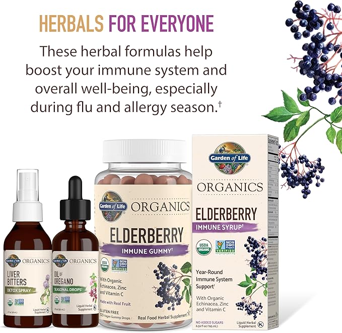 Garden of Life Organics Elderberry Zinc Immune Support for Adults and Kids 12 and Older, Organic Cough & Mucus Immune Syrup with Ivy Leaf, Vitamin C and Echinacea, No Added Sugars, 5 Fl oz