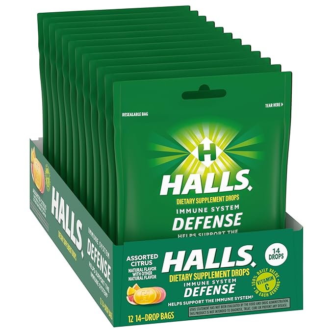 HALLS Defense Assorted Citrus Vitamin C Drops, 12 Packs of 14 Drops (168 Total Drops)