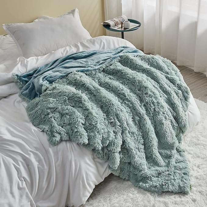GONAAP Fuzzy Faux Fur Throw Blanket Queen Size Ice Blue Super Soft Cozy Plush Fuzzy Shaggy Blanket for Couch Sofa Bed (Ice Blue, Queen(90"x90"))