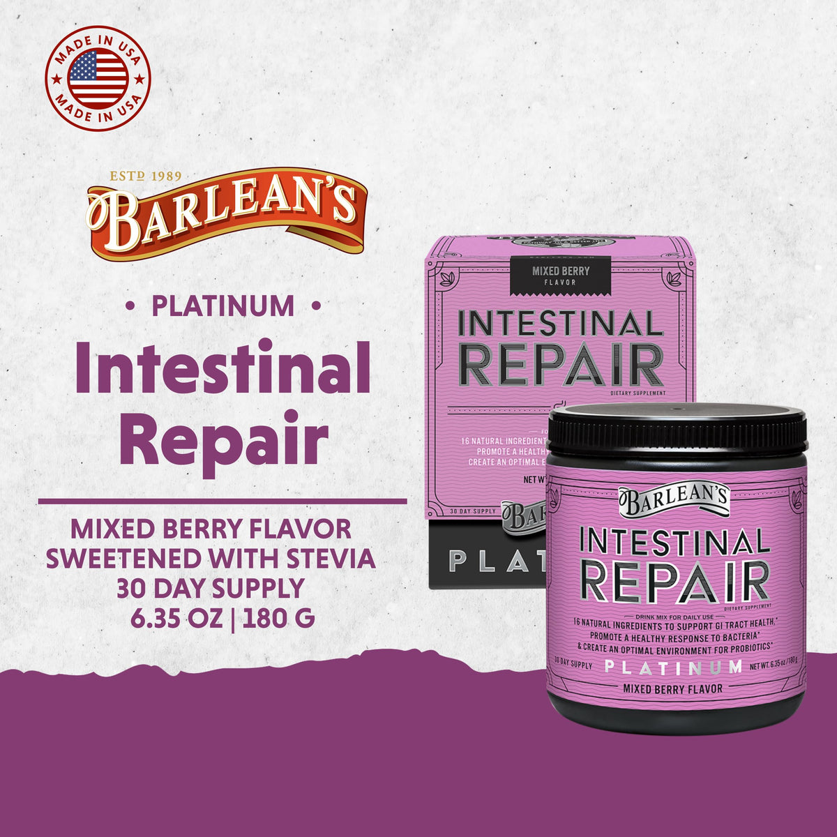Barlean's Gut Health Powder, Intestinal Repair Fiber and Digestive Support Blend for Men and Women, Mixed Berry Drink Mix, 6.35 oz