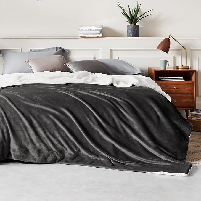Bedsure Sherpa Fleece Blankets Queen Size for Bed - Thick and Warm, Soft Fuzzy Plush Queen Blanket for Winter, Charcoal, 90x90 Inches