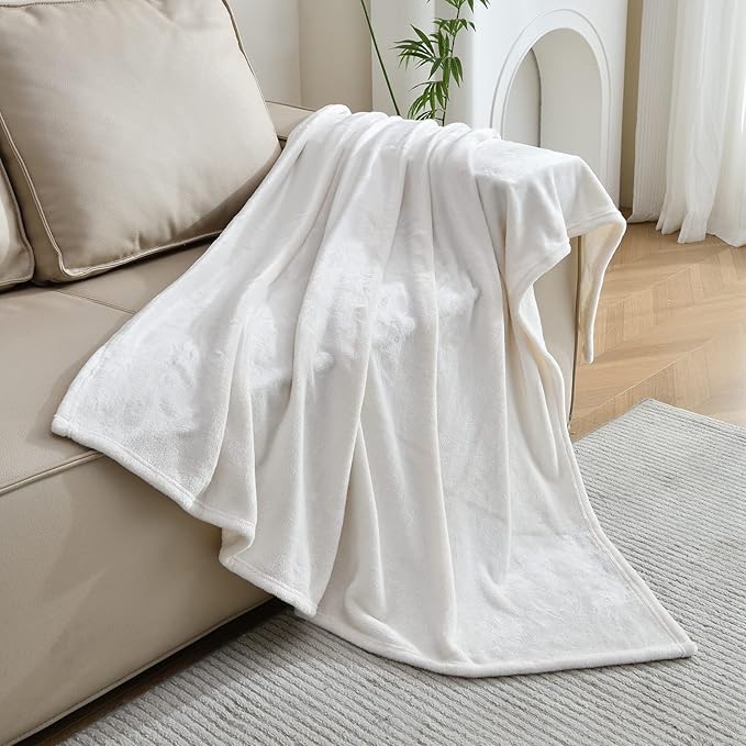 SOCHOW Flannel Fleece Blanket Twin Size, All Season Super Soft Cozy Blanket for Bed or Couch, Cream White, 60x80 inches