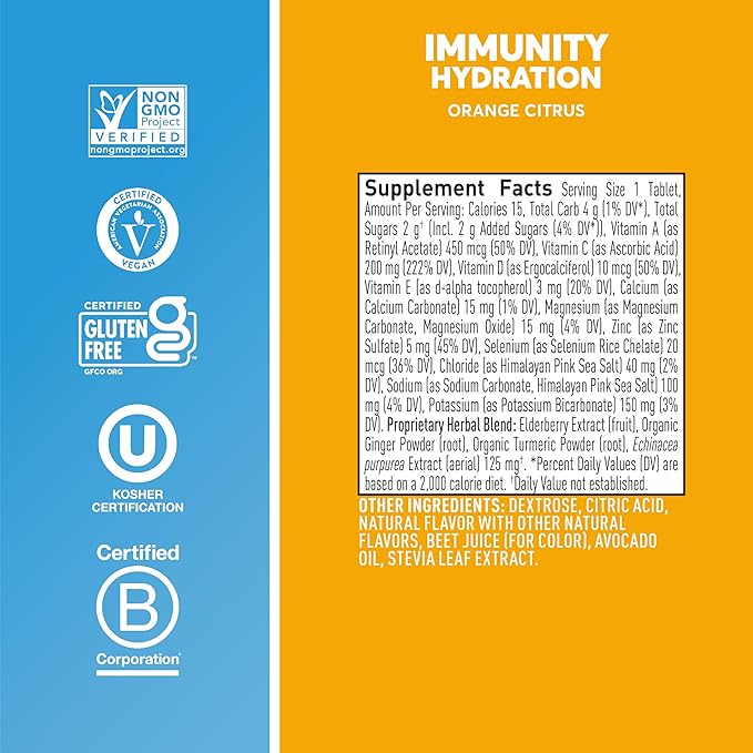 Nuun Immunity Electrolyte Tablets with Vitamin D, C, E, & A, Ginger, Elderberry, Magnesium & 4 Other Essential Electrolytes, Vegan, Orange Citrus, 8 Pack (80 Servings Total)