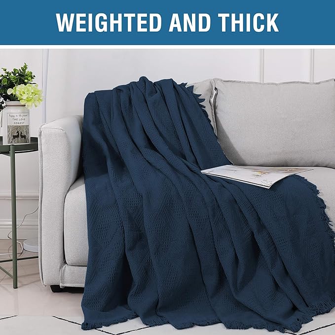 H.VERSAILTEX Cotton Sofa Covers Couch Cover Sofa Slipcover for Most Shape Sofas, Feature Thick Woven Jacquard Seamless with Tassels, Multi-Use Decorative for Couch (Medium: 71" x 91", Navy)