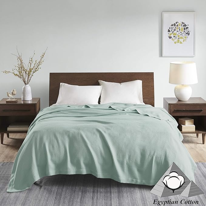 Madison Park Soft Certified 100% Egyptian Cotton Breathable Cozy Blanket, Premium Waffle Knit Classic Design, Luxury All Season Lightweight Cover for Bed, Couch and Sofa, Seafoam Full/Queen(90"x90")