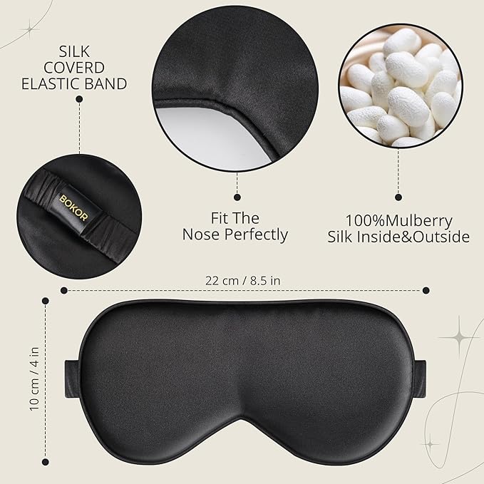 BOKOR Adjustable Silk Sleep Mask - FSA/HSA Eligible Eye Mask for Sleep, Mulberry Silk Luxury Eye Cover, 100% Light-Blocking, Improve Sleep, with Travel Bag & Gift Package, Ideal Birthday Gift - Black