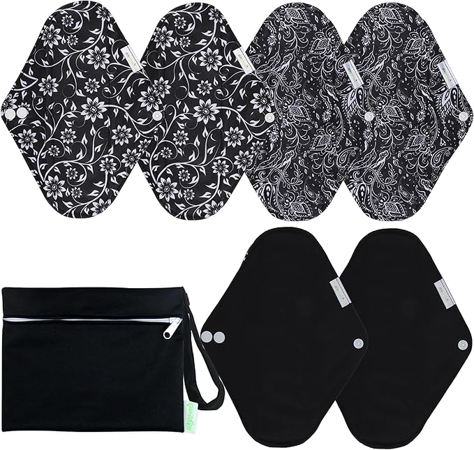 wegreeco Reusable Menstrual Pads - Reusable Sanitary Pads | Reusable Panty Liners | Soft Cloth Menstrual Pads - 6 Pack with 1 Cloth Wet Bag (X-Large, Black Flowers)