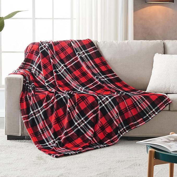 SOCHOW Flannel Fleece Throw Blanket 50 x 60 Inches, All Season Plaid Red/Grey Blanket for Bed, Couch, Car