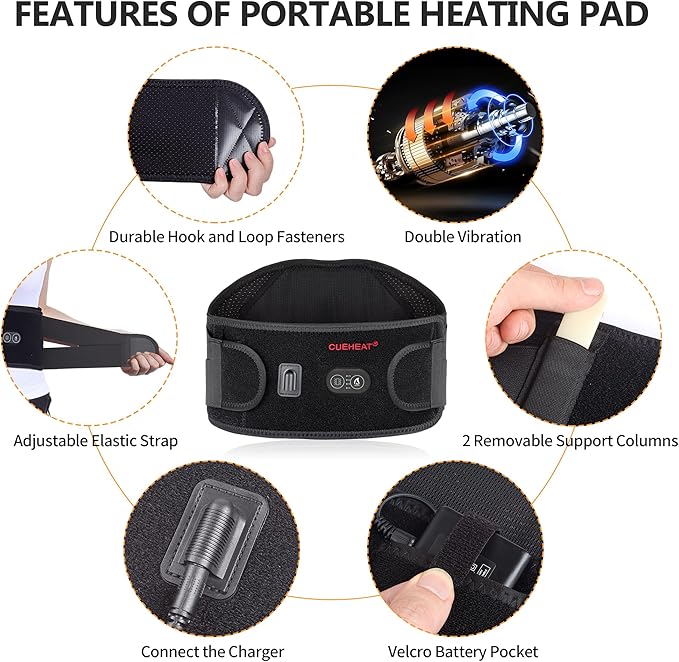 CUEHEAT Heated Waist Belt, Cordless Heating Pad for Low Back, Electrical Heating and Massage, Rechargeable Battery Powered (Dark Black, 49inch)