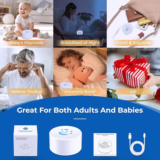 White Noise Machine, Portable Sound Machine for Baby and Adult, 18 Soothing Sounds, Night Light, Powerful Battery Life, Ideal Sleep Aid for Home and Travel, Nursery Essential (White)