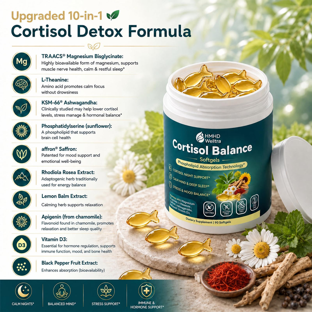 Cortisol Supplements for Women Men, 10-in-1 Cortisol Reducer Detox Manager Softgels w. Magnesium L-Theanine Apigenin Saffron Rhodiola, Evening Calm for Sleep Mood Energy, Non-Melatonin Liposomal