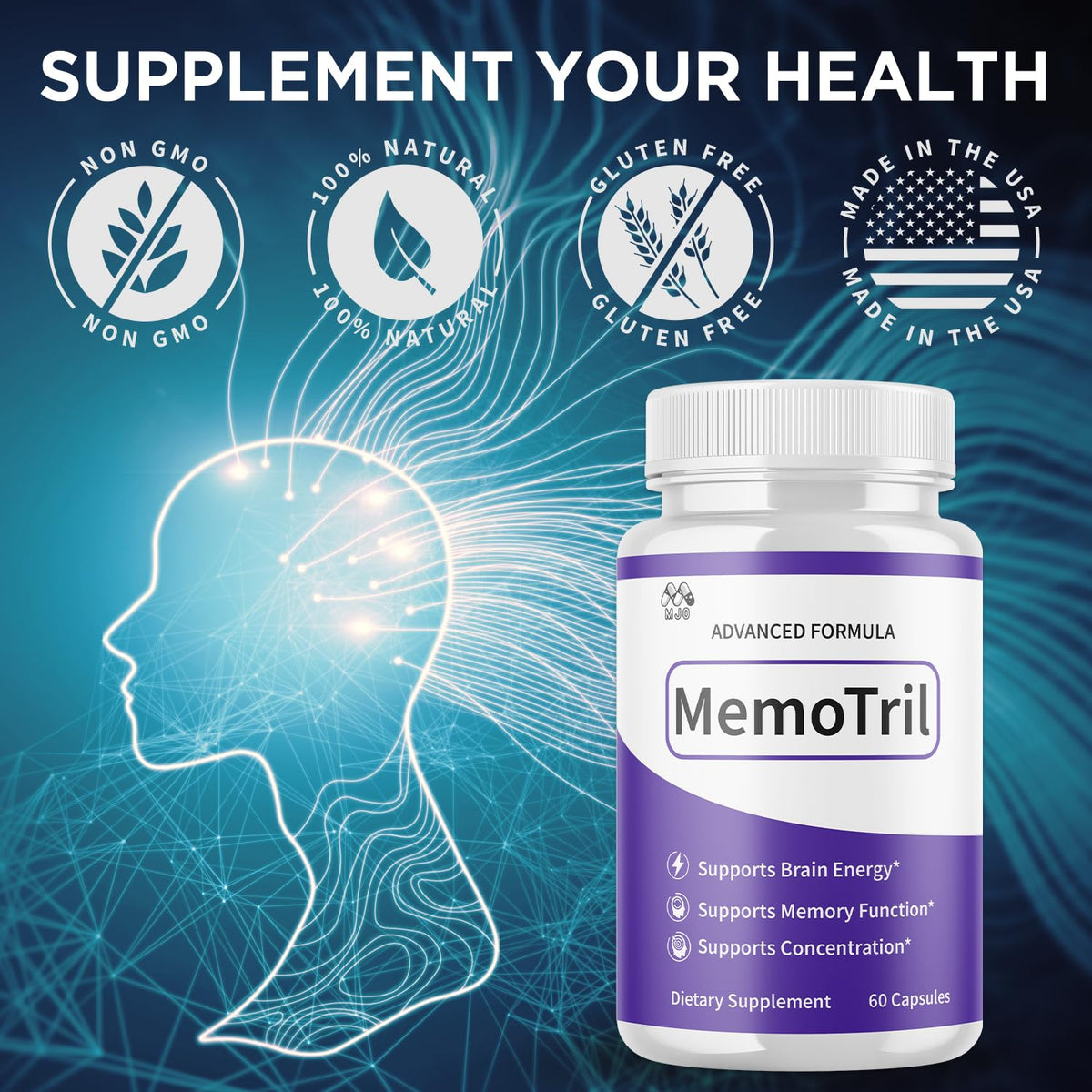 Memotril Capsules, Official Memo Tril Supplement Pills with All Natural Ingredients, Advanced Memotril Formula for Brain Health & Wellness Support with Premium Vitamins for Women & Men (60 Capsules)