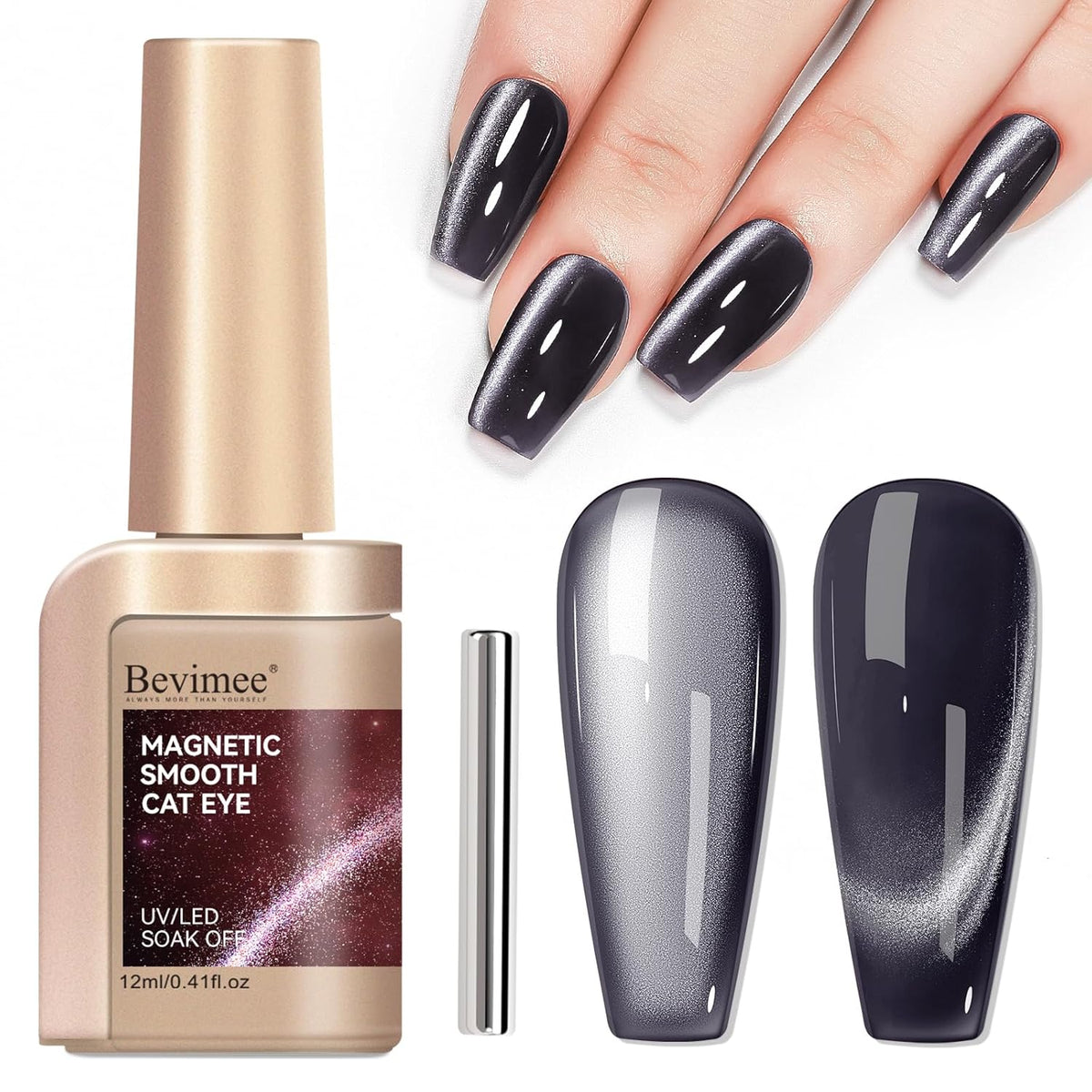 Cat Eye Gel Polish - Black, Glitter Magnetic Nail Polish Moonlight, Cateye Polish With Magnet Stick Holographic Shimmer Cateye Effect, UV Velvet Gel Nail Art Manicure Salon DIY Home, 12ML