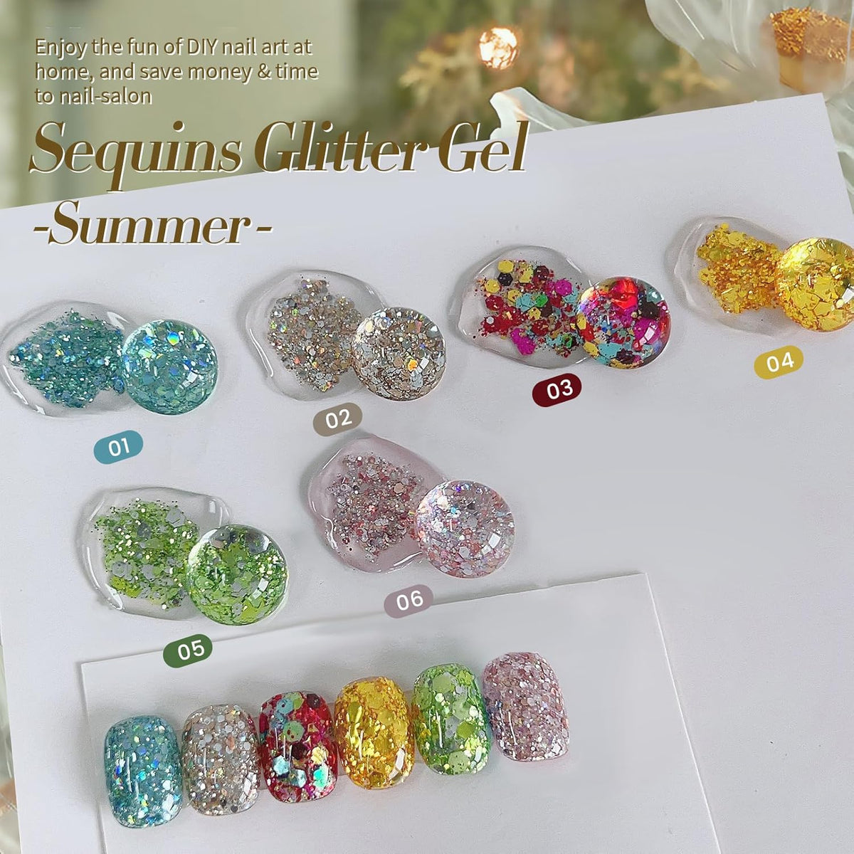 Born Pretty Glitter Gel Nail Polish with Sequins, 6 Pcs Blue Gold Red Yellow Green Pink Long Lasting Sparkly Shiny U V Gel Polish Set for Manicure and Nail Art, DIY at Home, Salon-Quality 7ml