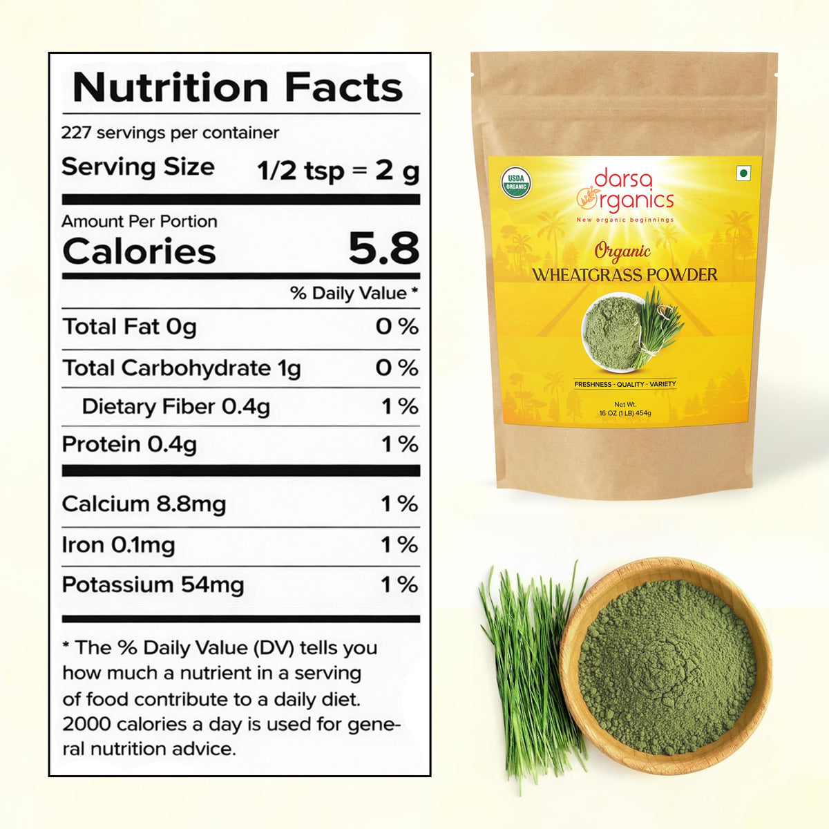 Darsa Organics Wheatgrass Powder 1 lb - Premium USDA Organic Wheat Grass, Fine-Milled Green Powder for Smooth Mixing - Non-GMO, Vegan, and Gluten-Free, Fresh-Sealed Resealable Pouch