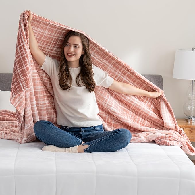Berkshire Blanket-Classic Heavyweight Soft Printed VelvetLoft® Plush Blanket, Full/Queen Size Soft Fuzzy Warm Blanket for Couch Sofa Bed, Watercolor Plaid Blush, 90in x 90in
