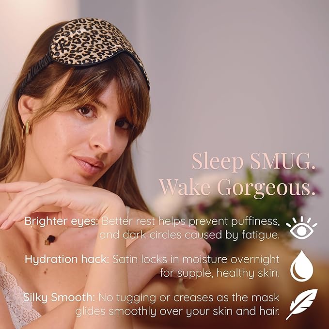 SMUG Satin Sleep Mask (3 Pack) Deep Dream Sleep Aid Eye Mask for Women & Men for Sleeping, Travel, Night Shift - Soft to Nourish Skin, & Reduce Dark Circles - Eye Cover to Block Out Light - Leopard