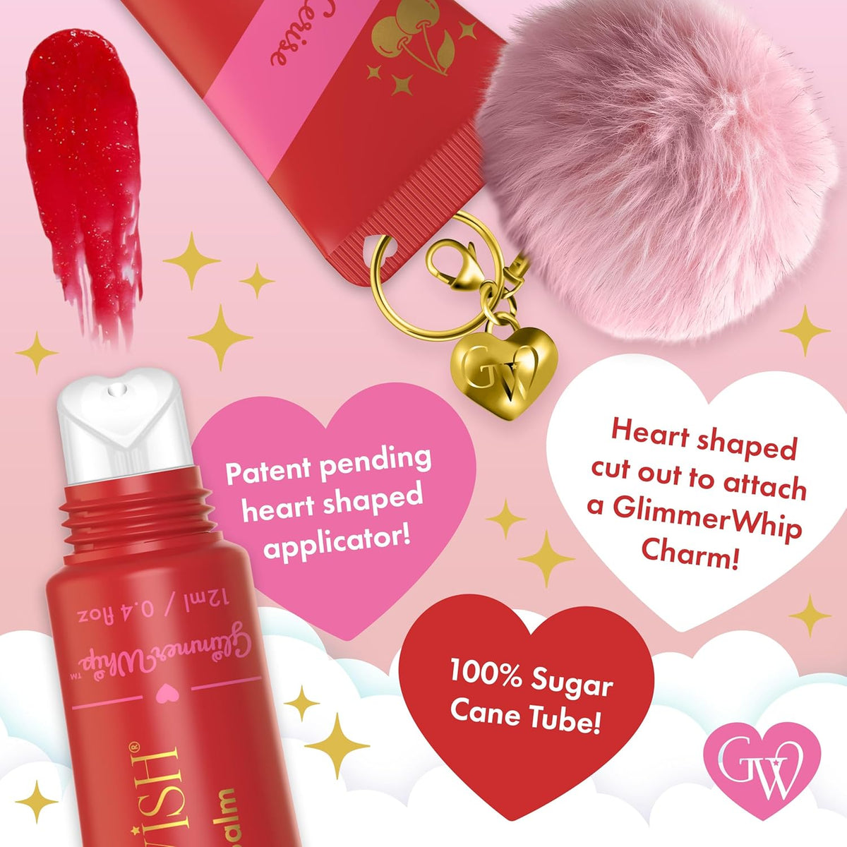 Glimmer Wish Glimmer Whip Hydrating Lip Balm – Organic Castor & Jojoba Oils, Shea & Cocoa Butters – Vegan, Non-Toxic, Moisturizing Lip Care (Cerise)