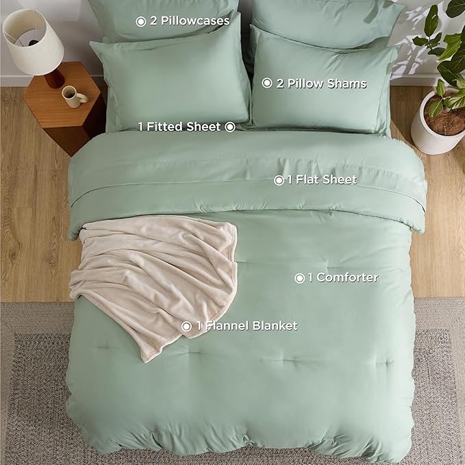 Bedsure Twin Comforter Set Sage Green, 6 Pieces Prewashed Twin Size Bed in a Bag with Soft Fleece Bed Blanket, Down Alternative Bedding Set for All Seasons, Sheets, Pillowcase & Sham