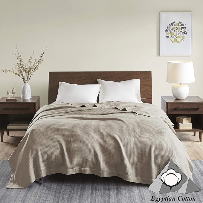 Madison Park Soft Certified 100% Egyptian Cotton Breathable Cozy Blanket, Premium Waffle Knit Classic Design, Luxury All Season Lightweight Cover for Bed, Couch and Sofa, Khaki Full/Queen(90"x90")