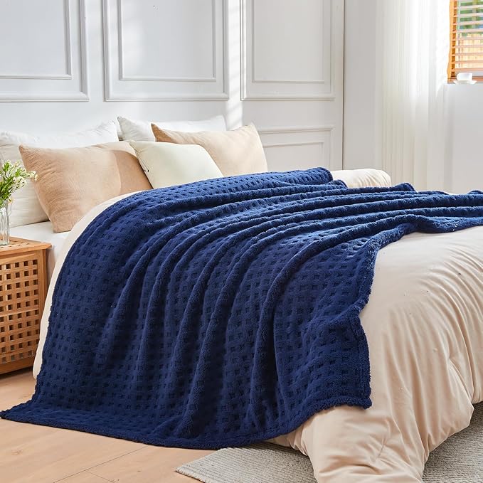 NEWCOSPLAY Super Soft Queen Blanket Navy Premium Silky Flannel Fleece 3D Waffle Checkered Lightweight Bed Blanket All Season Use (Dark Navy, Queen(90"x90"))