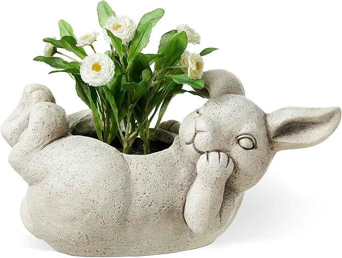 Glitzhome 14.25" L MGO Rabbit Statue Tall Planter, Bunny Shape Planter Cartoon Flower Pots with Drainage Hole, Rabbit Shaped Flower Container Succulent Planters for Spring Outdoor Garden Decor