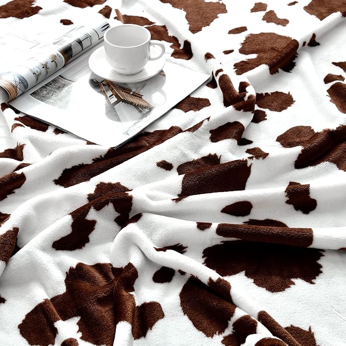SOCHOW Cow Print Fleece Throw Blanket for Sofa Couch, Soft Lightweight Cozy Warm Home Decor Flannel Blanket, Cute Animal Blanket for Kids Boys Girls, Brown 60 x 80 Inches
