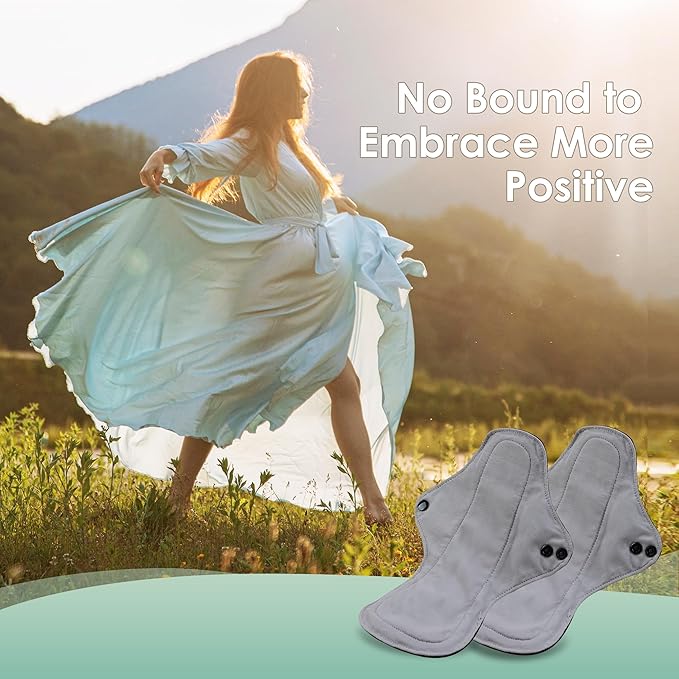 wegreeco 6 Pcs Reusable Menstrual Pads, Ultra Absorbent Cloth Pads for Heavy Flow, Sanitary for Teens, Women, Nonslip, Grey Inner, Black Outer, Medium