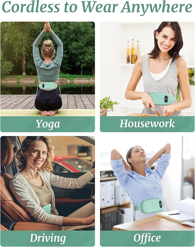 FSA HSA Eligible Portable Heating Pad for Cramps, Upgrade Cordless Electric Period Fast Heating Pad for Back Pain Relief Menstrual Belt 6 Heat 6 Massage Modes Gift for Women Girls Her Girlfriend Green