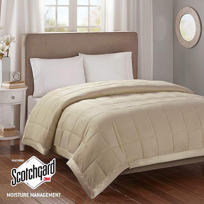 Madison Park Cambria Down Alternative Blanket, Premium 3M Scotchgard Moisture Wicking Treatment, Lightweight and Soft Bed Cover For Summer with Satin Trim, Oversized King Taupe