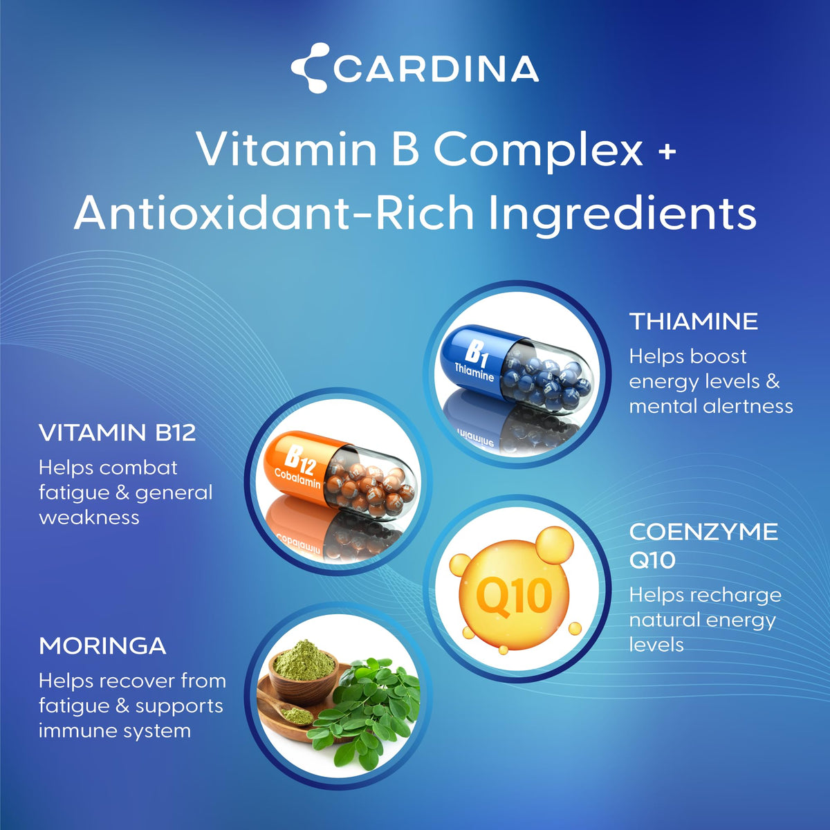 CARDINA B12 Vitamins for Women and Men - Brain Supplements for Memory and Focus with Thiamine B1 Supplement and COQ10 - Brain Memory Support - Non-GMO and Vegan B12 Supplement, 60 Ct