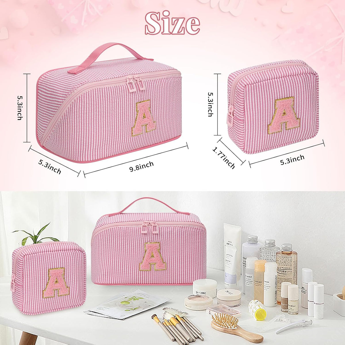 Travel Makeup Bag for Women, 2Pcs Portable Personalized Initial Makeup Organizer Bag, Open Flat Large Cosmetic Bag With Travel Essential Pouch (Pink Letter U)