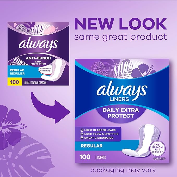 Always Anti-Bunch Xtra Protection Daily Liners, Regular Length, Unscented, 34 Count x 4 (136 Count Total) (Packaging May Vary)