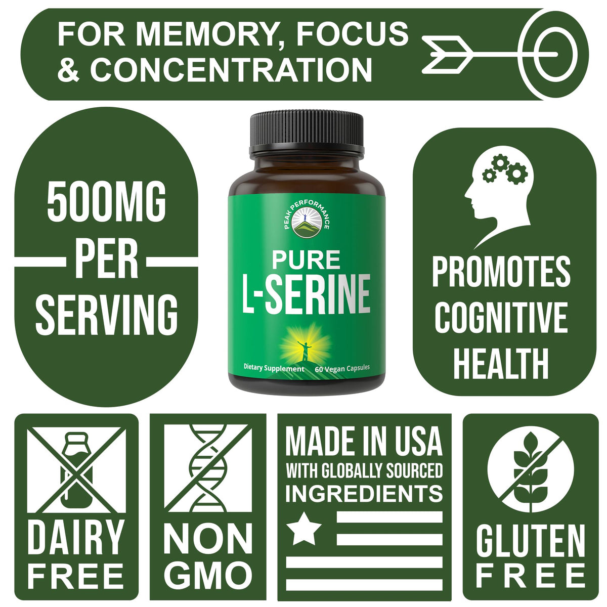Peak Performance L-Serine Capsules 500mg Best Brain and Nootropic Amino Acids for Production of L-Cystine, L-Tryptophan and Serotonin - USA Grade Pills - Gluten Free, Non-GMO Supplement - 60 Servings