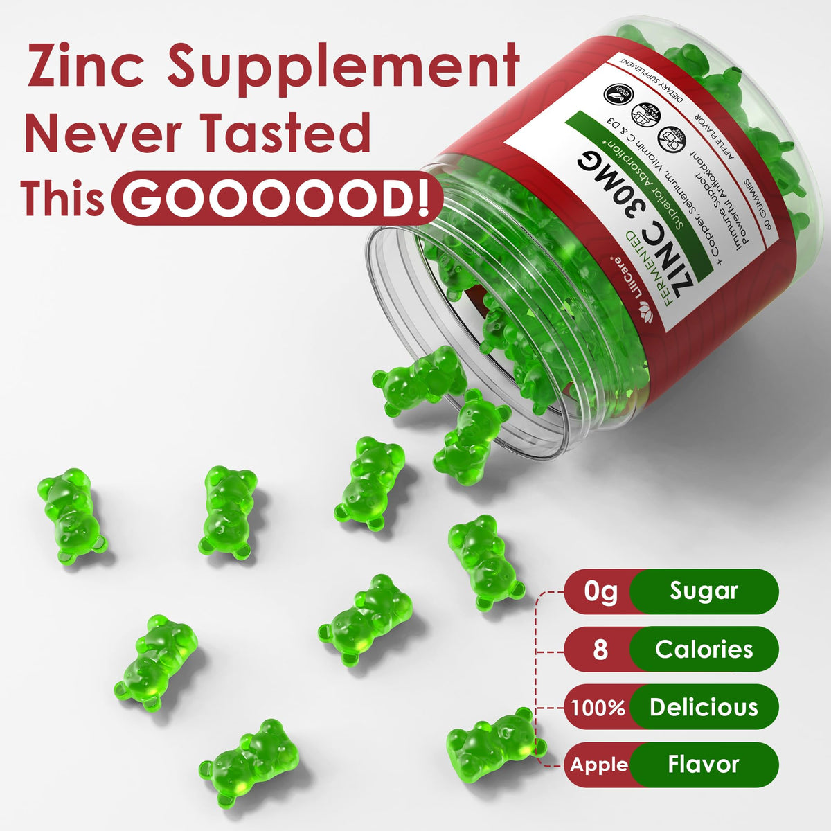 Zinc Gummies + Copper, Selenium, Vitamin C & D3, Fermented Zinc Supplements for Women & Men with Elderberry for Daily Immune Support, Powerful Antioxidant, Superior Absorption, Vegan, No Sugar, 60 Cts