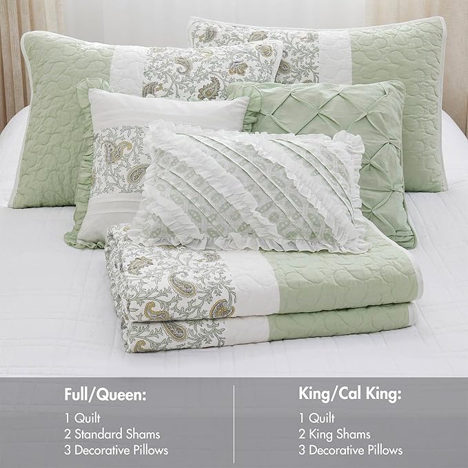 Madison Park Queen Quilt Set Cotton Coverlet Set with Cotton Filling for Queen Size Bed, All Season, Lightweight Queen Cotton Quilt Include Shams, & Décor Pillows, Dawn, Full/Queen Sage Green 6 Piece